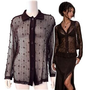 Vintage Vejaiz Designs Brown Fishnet Blouse Size Large Mesh Boho Goth Sheer Mesh